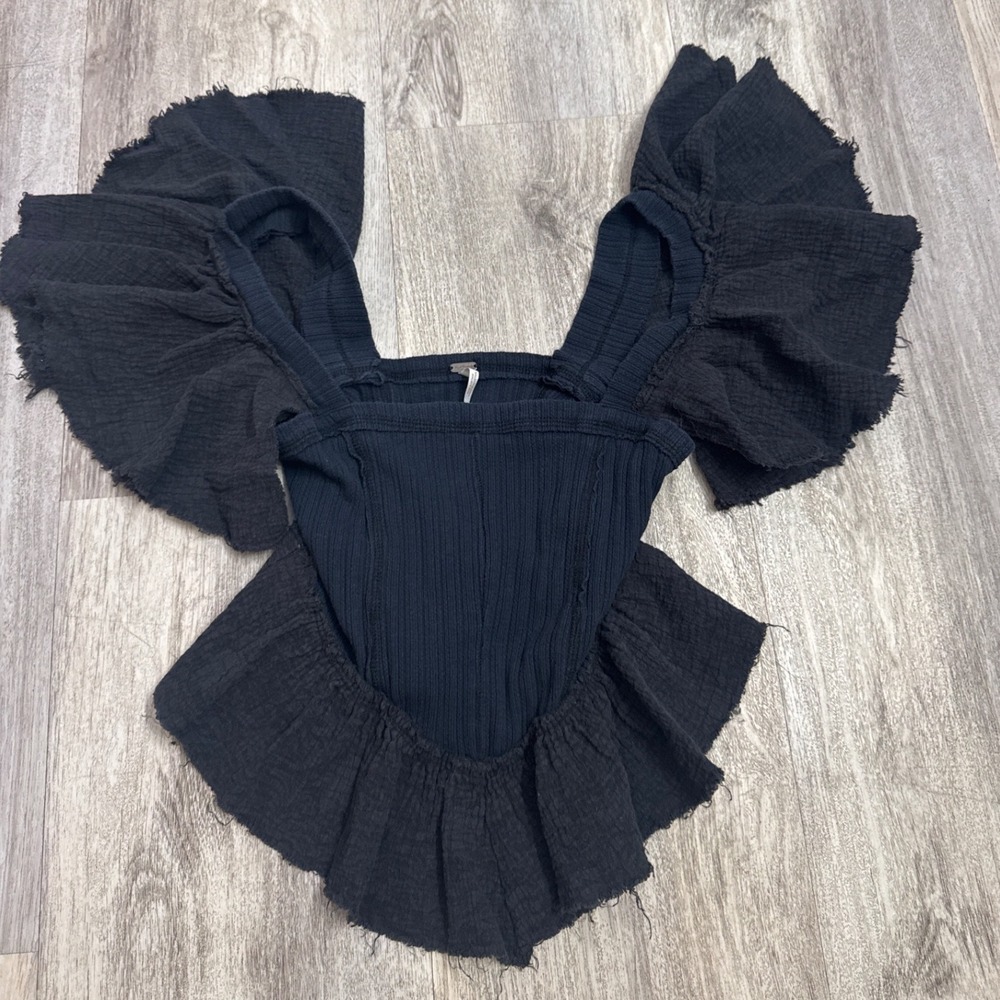 Free‎ People Black Ruffle Hankerchief Ribbed Gauze Top Square Neck Women Size XS